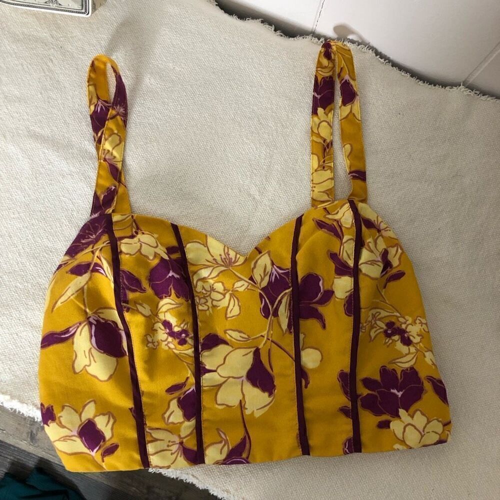 B.O.G Collective Womens Floral Smocked Corset Cropped Tank Top Gold Purple Small